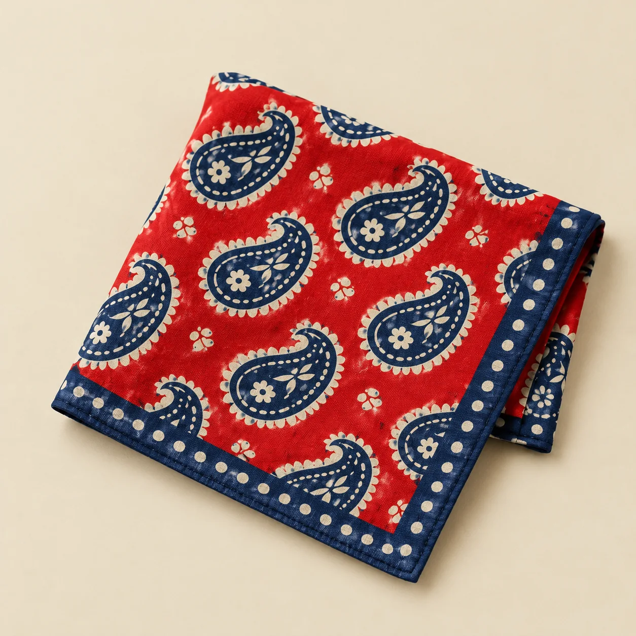 Ember Paisley Bandana, plié : détail du motif et de l'ourlet