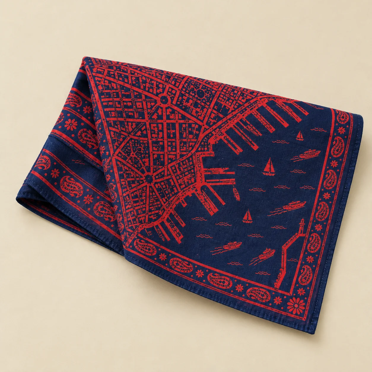 Harbour Grid Bandana, folded: print and hem detail