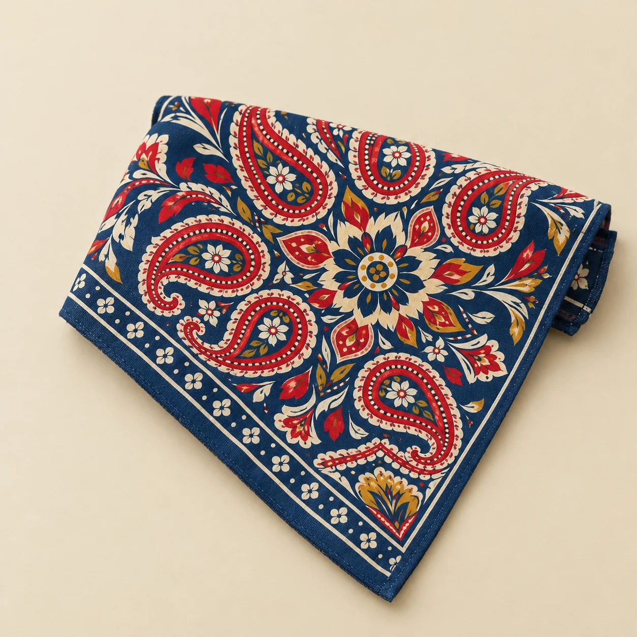 Mirror Boteh Bandana, folded: print and hem detail