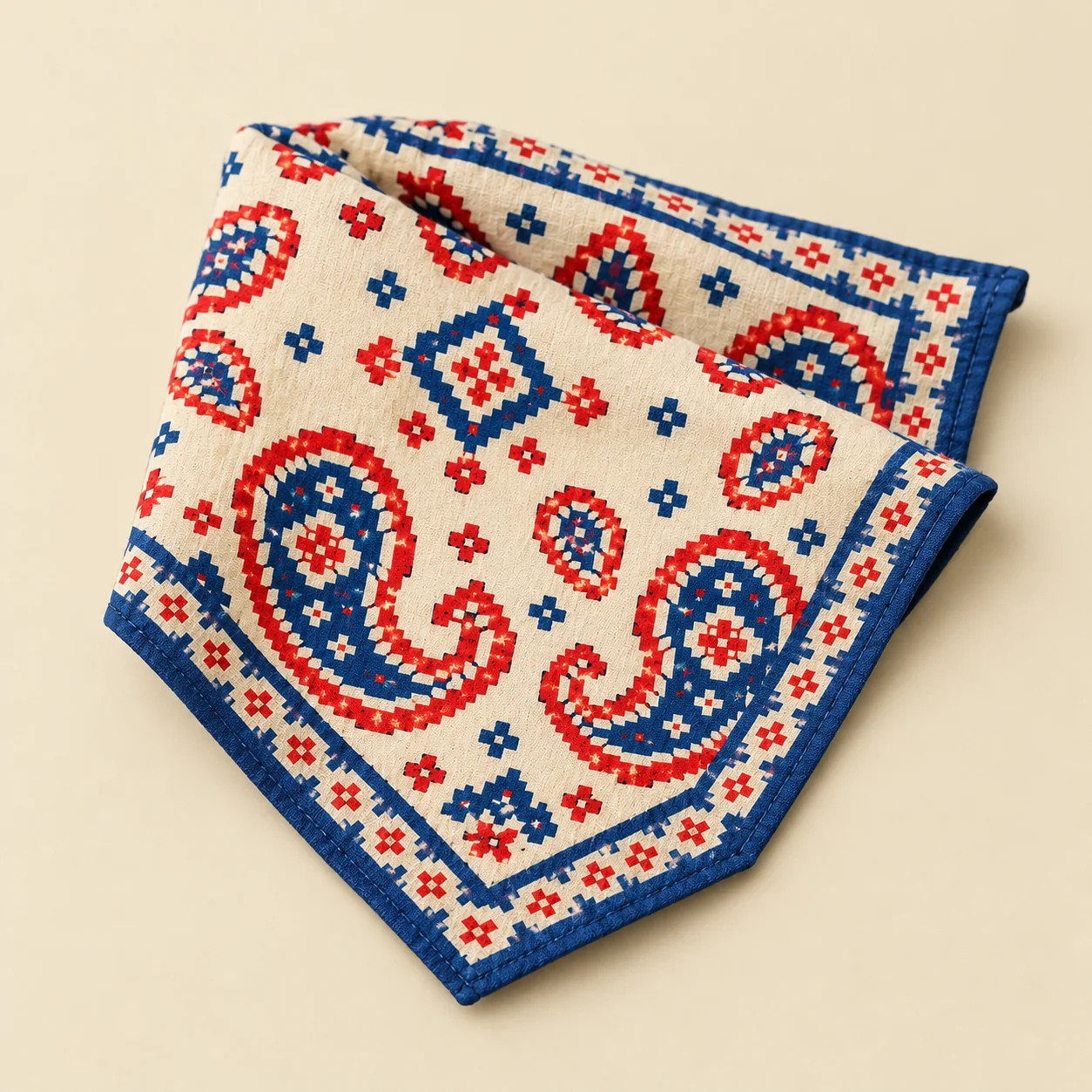 Paisley Pixel Bandana, folded: print and hem detail