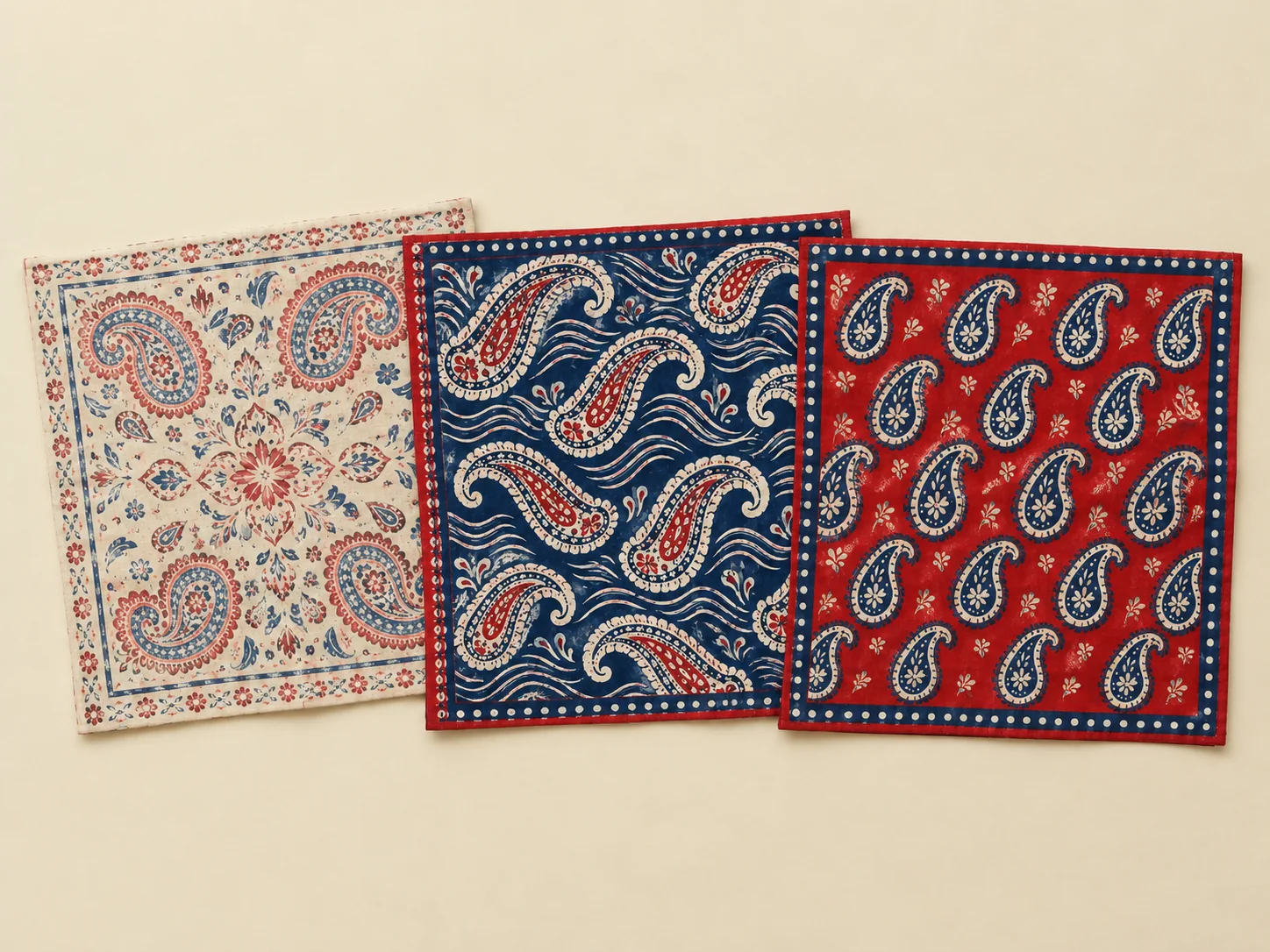 The three bandanas of the set, laid flat
