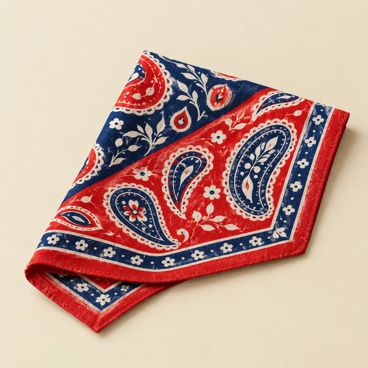Split Boteh Bandana, foldet: print- og sømsdetalje